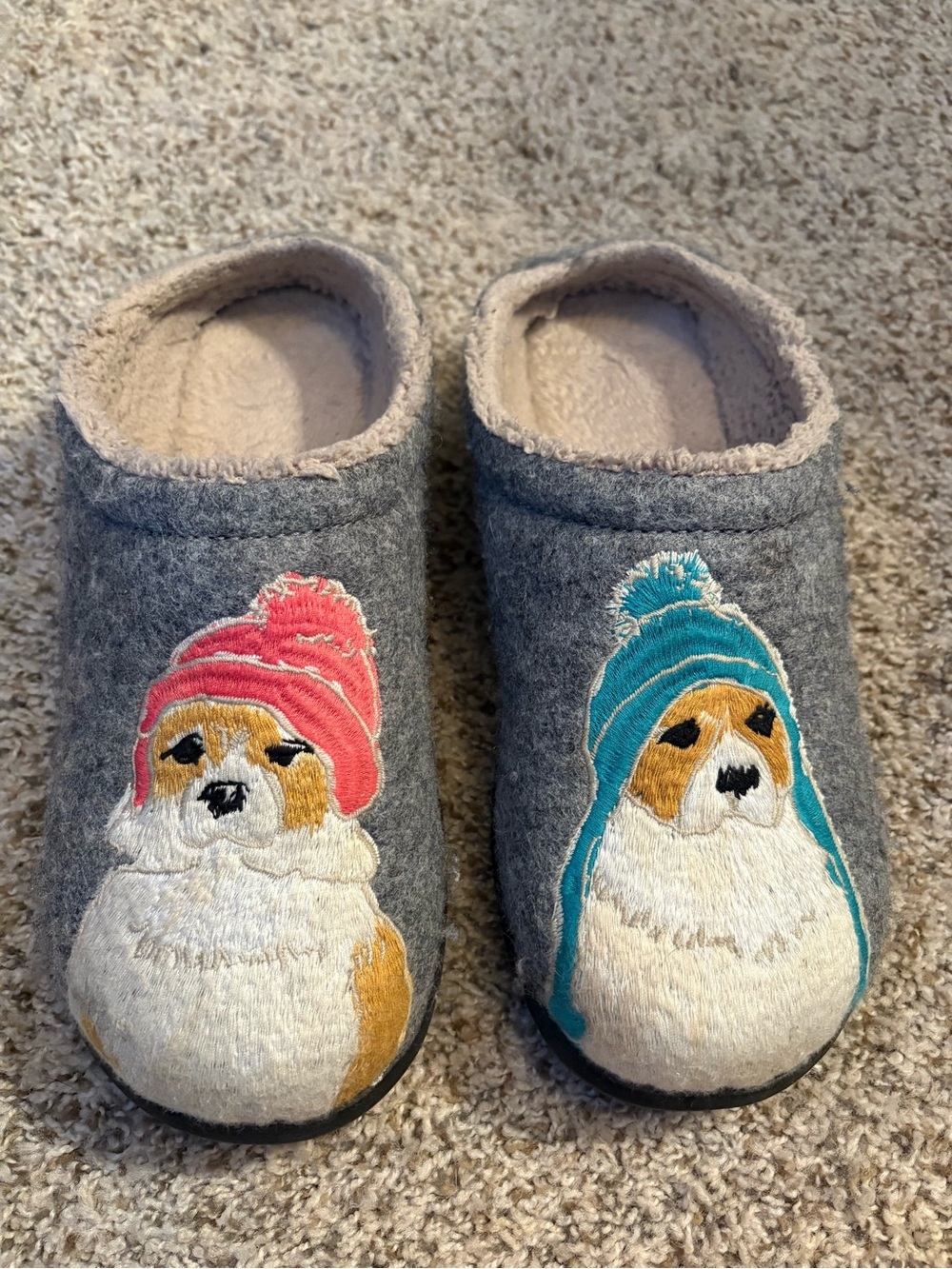 Gray Felt Slippers with Embroidered Dogs in Pink & Teal Hats
